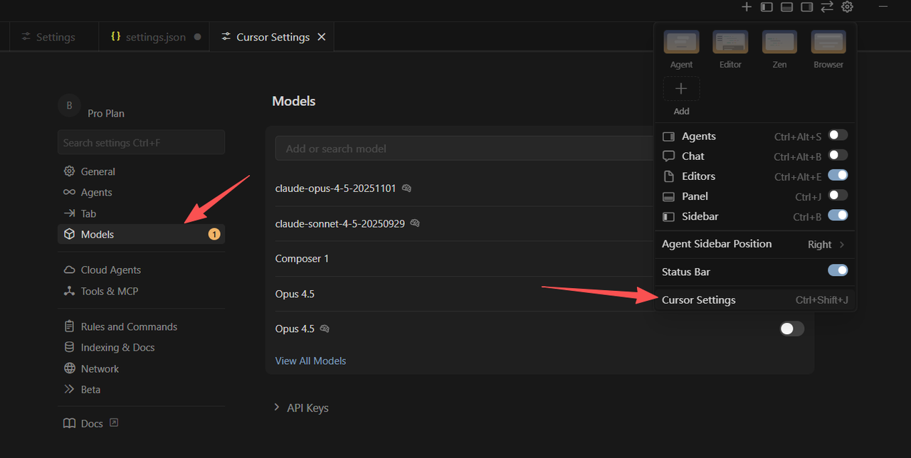 Cursor 模型设置入口